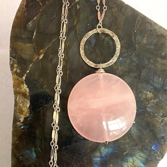 Sterling Silver 925 Round Pink Jadeite Disc Pendant Necklace 18" Paddle Chain - Picture 12 of 16